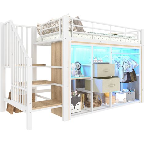 Lit mezzanine 90 x 200 cm blanc avec 2 tiroirs, penderie ouverte, LED multicolore pilotée par appli, multiples rangements, sans matelas  CHICFURN (1/5)