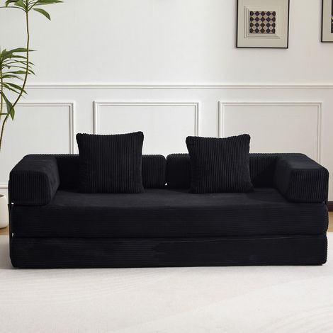 Canapé-lit compressible en cordure noir, 3-en-1 Pas d'assemblage nécessaire Canapé de plancher pliable, Canapé Loveseat pour petits espaces dans le salon (1/5)