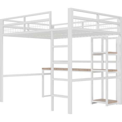 Letto a soppalco 140 x 200 cm in metallo bianco con scrivania, ripiani, prese USB e scala (1/5)