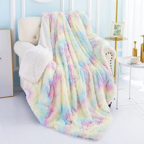 Couverture arc-en-ciel douce et duveteuse de 160 x 200 cm pour filles et enfants, avec couverture réversible en fausse fourrure Sherpa.