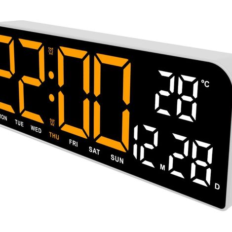 Réveil LED grand écran, horloge numérique de bureau avec calendrier et thermomètre, design moderne, coque blanche, lampe orange 0707 (1/5)