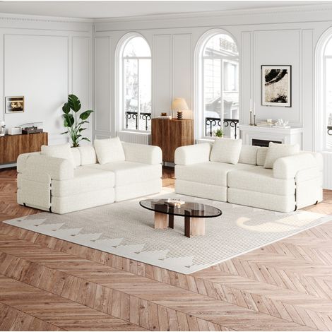 Schlafsofa Beige Chenille mit Armlehnen-Staufach, 2-in-1-Funktion und modularen Stellmöglichkeiten (1/5)