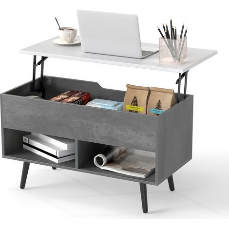 COSTWAY Lift Top Coffee Table Mid Century Modern Accent Table w/Shelves-Grey (1/5)