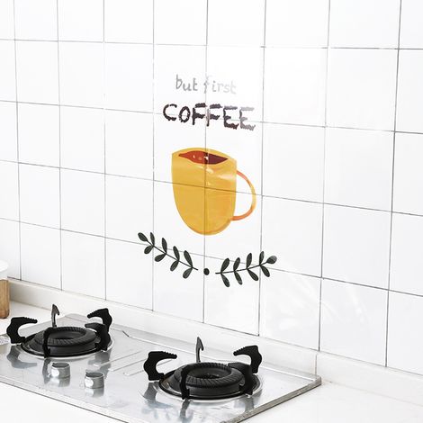 Autocollant mural cuisine transparent cartoon anti-huile auto-adhésif décor tuile (tasse à thé) PET 90x60cm 99g