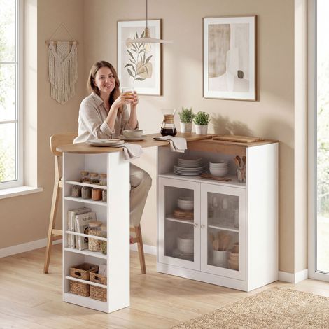 Tavolo bar allungabile e girevole a 90° con ripiani a giorno e 2 ante in vetro, 150x80x105,5 cm, bianco e naturale.
