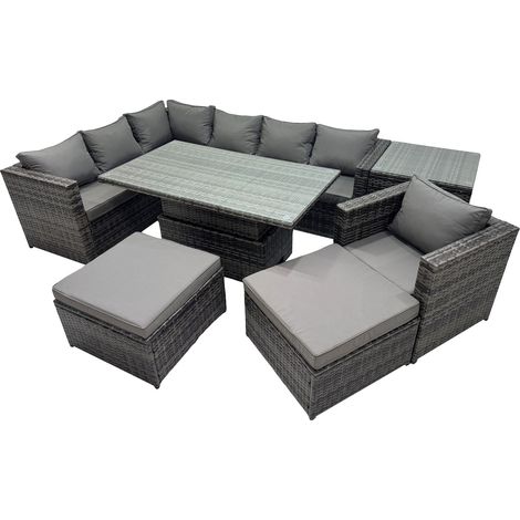 Fimous 9-seater Height Adjustable Rising Lifting Table Corner Sofa Set Rattan Garden Furniture Dining Set with Side Table 2 Big Stool Dark Grey Mixed (1/5)