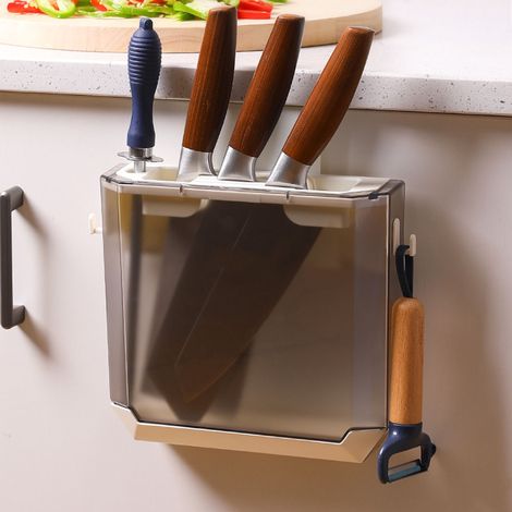 Porte-couteaux transparent, support mural pour couteaux de cuisine, porte-couteaux ultra-mince pour placard, bloc à couteaux dissimulé, porte-couteaux gris en PET. (1/5)