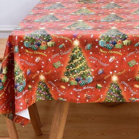 Weihnachts-Tischdecke 220x137cm PVC abwischbar, wasserabweisend, rot, Weihnachtsbäume