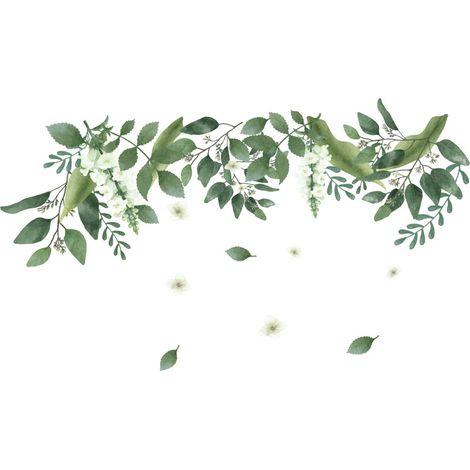 Stickers muraux feuilles vertes suspendues, feuilles de plantes fraîches amovibles, fleurs et lianes, fresque murale de plantes vertes, décoration murale de feuilles vertes pour chambre d'enfant, cham (1/5)