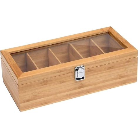 HONORNIC - Boîte de rangement multifonctionnelle en bambou pour sachets de thé et bijoux, avec 5 compartiments. Boîte à thé et sucre.