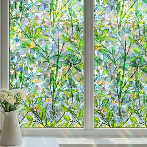 Fensterfolie mit Regenbogeneffekt und grünem Blattmuster, 45 x 200 cm, elektrostatische UV-Schutzfolie für Büros (1/5)
