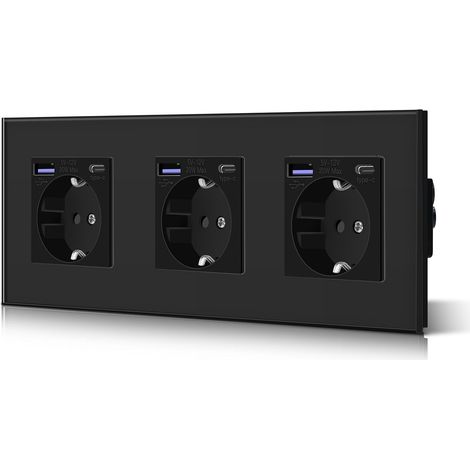 Triple prise murale Schuko 3 en 1 encastrable, en verre, avec ports USB-A et USB-C, puissance de charge rapide de 20 W, installation facile, noir (1/5)