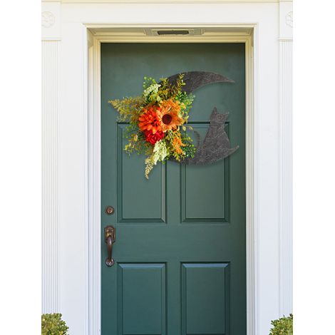 Couronne de porte chat lune Halloween, décoration de porte avec fleurs artificielles, guirlande d'Halloween (1/5)