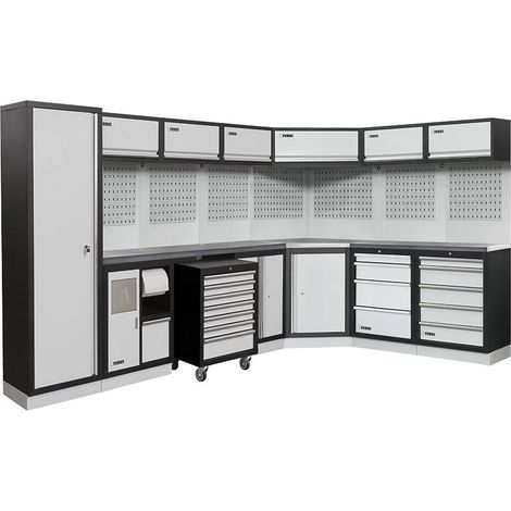 Modulares Werkstattmobel mit Edelstahlplatte Schranke und Schubladen Fervi a008h