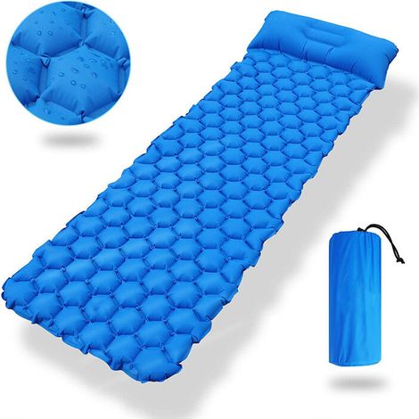 Matelas de couchage ultraléger avec oreiller intégré, matelas de camping gonflable pour la randonnée, les voyages et la randonnée, tapis de camping compact et portable, bleu royal (1/5)