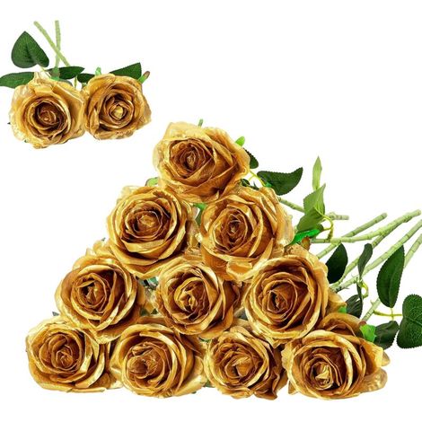 12 rose artificiali in seta (oro) per casa, matrimonio e feste Decorazione (1/5)