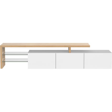 Meuble TV moderne en MDF blanc laqué et bois avec étagères en verre et éclairage LED multicolore (1/5)