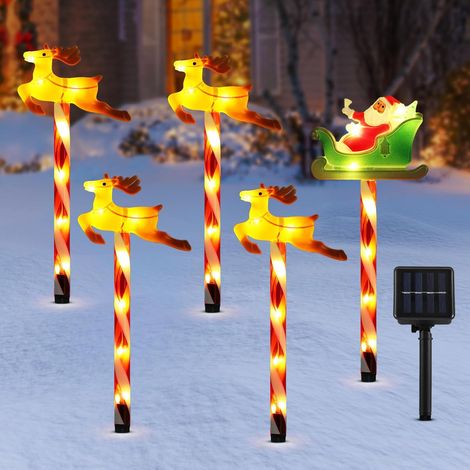 Lumières solaires de Noël, 5 PCS Décorations solaires de Noël pour l'extérieur avec 2 modes d'éclairage, Lumières du Père Noël et du Renne avec piquet de jardin,la cour et le patio,de vacances