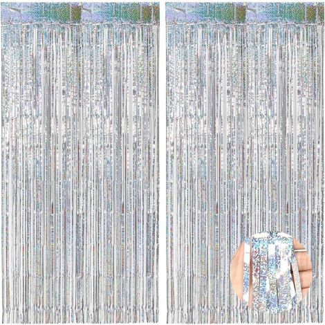 Rideau Métallique de Frange, 2 Pièces Argent Tinsel Rideau Shimmer Fenetres Brillants ,Rideau Scintillant pour La Fête Mariage, Anniversaire(1 2m) (1/5)