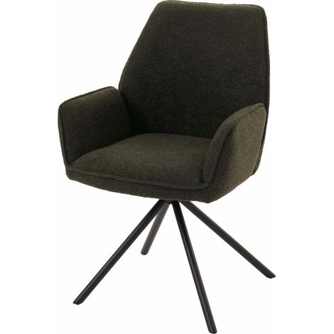 Silla de comedor HHG-490, silla de cocina apoyabrazos, posición automática giratoria, tela/textil bouclé Oeko-Tex MVG, verde oliva