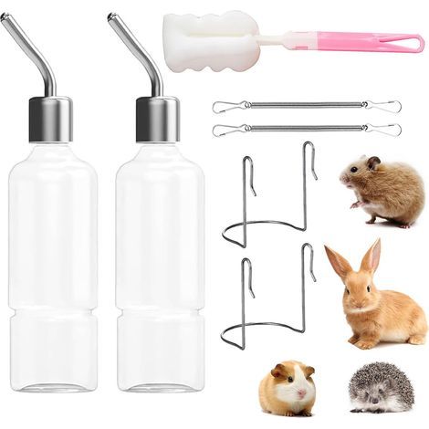 Rabbit Feeding Bottle, 2 Pieces Rodent Water Dispenser, Hanging Rabbit Water Dispenser, Drinking Bowl for Rodents, for Rodents, Kittens, Dogs, Hamsters, 350 ml (1/5)