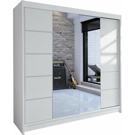 Mirjan24 – Armoire blanche 215x180x58cm – 2 portes coulissantes – 5 étagères – Stratifié – Fixation murale recommandée (1/4)