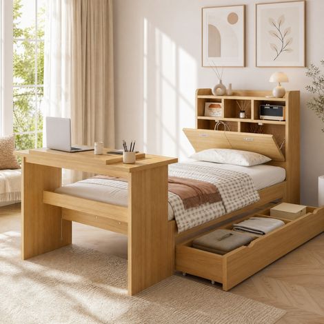 Lit simple enfant 90x200 cm en bois naturel, gain de place pour chambre, sans matelas FloraGrace (1/5)