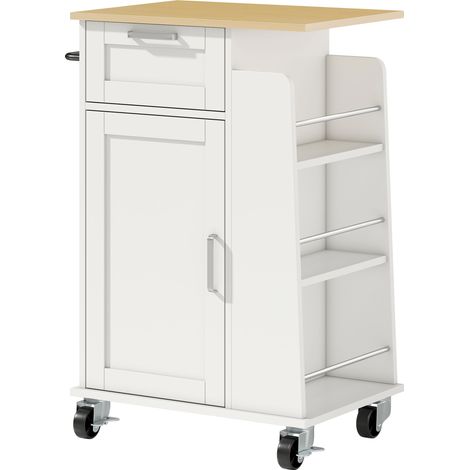 Carrello da Cucina 62x40x87 cm con Cassetto Armadietto Portasciugamani e 3 Portaspezie in Legno Bianco (1/5)