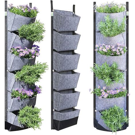 Vertikaler, wandmontierter Filzblumentopf mit 6 Taschen – Grau