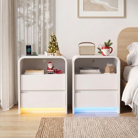 Lot de 2 Table de Chevet avec 2 Tiroirs, LED avec USB Port de Charge RGB Lumineux - Table de Nuit Moderne Blanc, 45x40x57 cm (1/5)