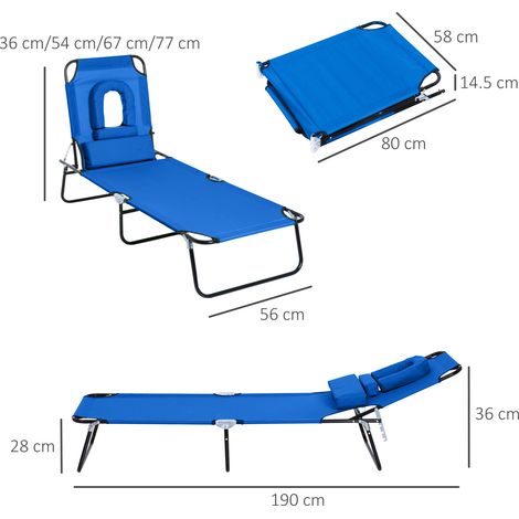 Outsunny Klapp-Sonnenliege mit 4-fach verstellbarer Rückenlehne, Gartenliege mit Kissen, Metallrahmen und Oxford-Gewebe für Camping, Strand und Terrasse, Tragkraft 120 kg, 190 x 56 x 28 cm, Blau