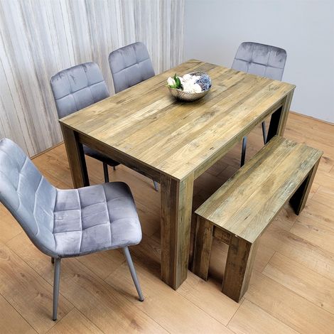 Wooden Dining Table Set for 6 Rustic Effect Table With 4 Grey Velvet Chairs and 1 Bench (1/5)