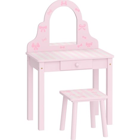 Tavolino trucco per bambini 2 in 1 rosa con sgabello, specchio rimovibile e cassetto (1/5)