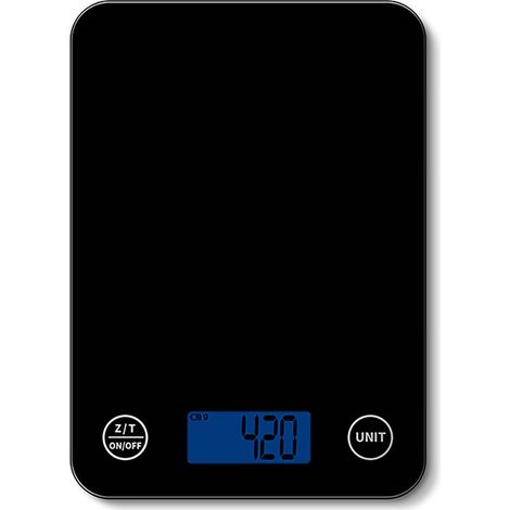Schwarze elektronische Küchenwaage mit Nachtsichtfunktion und Digitalanzeige zum Abwiegen von Zutaten beim Backen (1/5)