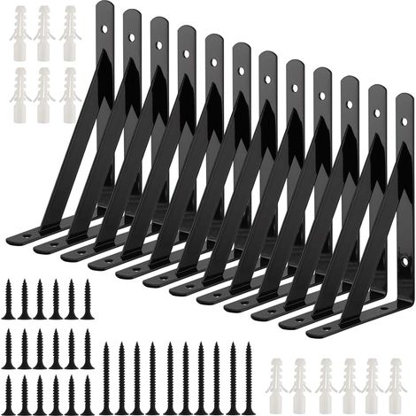 12 Pack Heavy Duty 6 Inch Black Shelf Brackets Triangle Right Angle Wall Supports for Show Shelves in Kitchen, Bedroom (1/5)