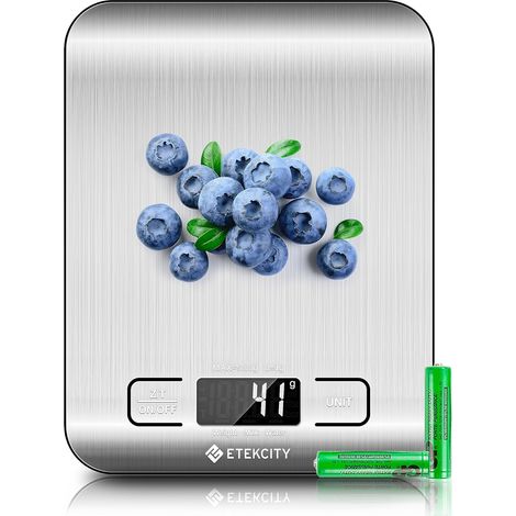 Balance de cuisine numérique 5 kg/11 lb, précision au 1 g, en acier inoxydable avec écran LCD, fonction tare, 5 unités (g/mL/oz/lb/fl oz) pour la pâtisserie, la cuisine, la perte de poids et le régime (1/4)