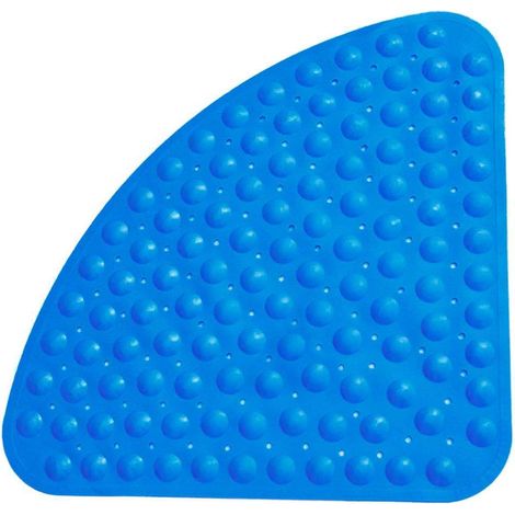 Alfombrilla de ducha triangular, antideslizante, antimoho, con efecto masaje, orificio de drenaje, PVC, azul, para ducha de esquina. (1/5)