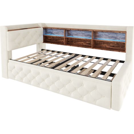 Sofá cama extensible 90x190 cm de terciopelo beige con almacenaje, LED y USB (1/5)