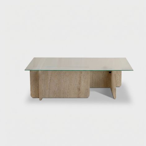 Couchtisch - Sicherheitsglas - Travertin-Optik - Beige & Transparent - AZRA