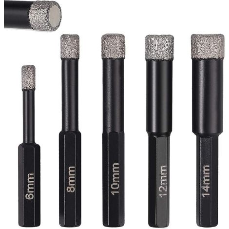 SABIR Forets Diamantés Lot de 5 pour Perceuse à Sec/Humide pour Grès, Céramique, Carrelage, Verre, Coupe à Sec/Humide 6 8 10 12 14 mm (1/5)