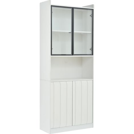 Vetrina LED bianca 80 x 35 x 200 cm con ante in vetro temperato e vani aperti (1/5)