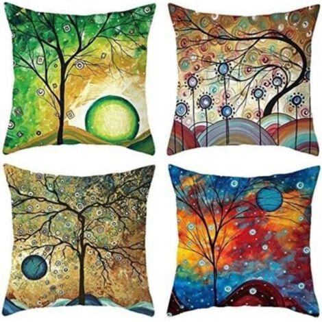 Set di 4 federe quadrate per cuscini, 45 x 45 cm, con stampa astratta di albero ad olio, in cotone e lino, per letto, auto, casa, divano -Crezuo
