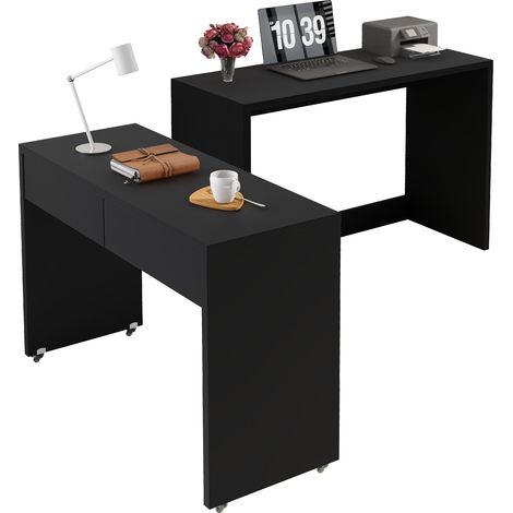 Bureau avec étagère + commode 2-en-1, bureau compact extensible, panneau bois épaisseur 1,8 cm, avec roulettes, combinaison flexible, bureau pliable (1/5)