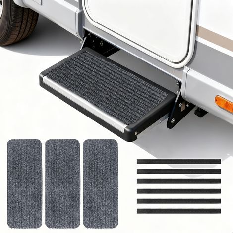Jeu de 3 Tapis de Marches Universels pour Camping-Car - Revêtement Antidérapant en Caoutchouc et Fixation Velcro, Gris (1/5)
