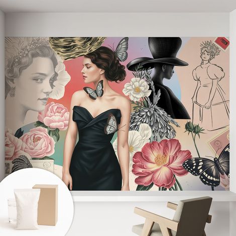 Papier peint intissé avec imprimé pour intérieur moderne application facile a motif - Colle incluse gratuite Fleurs et portraits 152x104 cm (1/5)