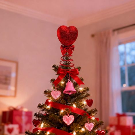 Sommet D'Arbre De Noël - Cœur Pulsant En Plastique Rigide - Ruban Rouge - Décoration Romantique Pour Fête Des Amoureux - Lot De 1 (1/5)