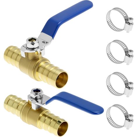 Lot de 2 Vanne à bille en laiton de 19 mm, vannes d'arrêt avec 4 colliers de serrage, idéales pour le traitement de l'eau, systèmes de chauffage et systèmes d'air comprimé. (1/5)