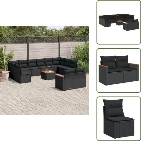 The Living Store Salon de jardin avec coussins 13 pcs noir résine tressée - Ensemble Salon De Jardin - Mobilier De Jardin - Canapé Extérieur - Table De Jardin - Chaise Lounge