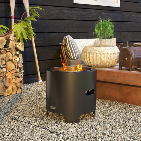 Brasero sans fumée foyer à bois extérieur rond portable en métal avec tisonnier - diamètre 45 cm - noir