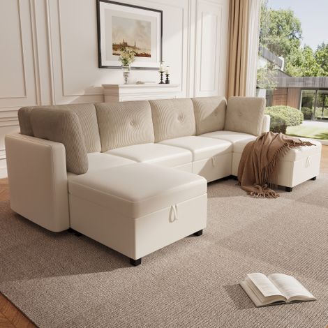 6-moduliges, modulares U-förmiges Sofa mit Stauraum – Multifunktionale Wohnzimmer-Ecksofa, verwandelbar in L-förmiges Sofa/Liegebett/Einzelsessel, Samt + Cord im Kontrastdesign, hochdichter Schaumstof